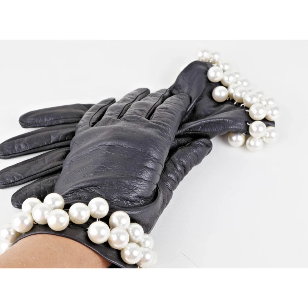 Tally B. Vintage Black Leather Triple Pearl Bead Fringe Gloves Silk Lined Size 8